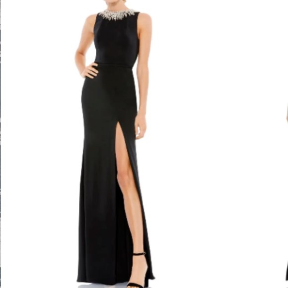 MAC DUGGAL BEADED COLLAR THIGH SLIT BLACK COLUMN GOWN sz 4 - Picture 1 of 5